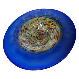12.5" Handcrafted Artisan Glass Bowl Confetti With Deep Blue Rim
